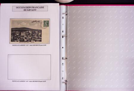 1915-1927, ARMEES d'ORIENT Collection de 27 lettres sur pages d'album avec càd Trésor et Poste, des recommandés, griffe "ARMEES ALLIEES EN ORIENT / POSTE AERIENNE", griffe "POSTES SERBES" sur 5c Semeuse vert sur bande