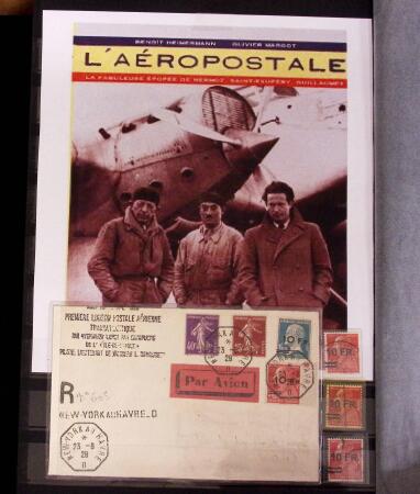 1927-2016, 2 Albums de poste aérienne, avec de bonnes valeurs en quantités multiples, obl. et neuf , n°1/2, 6c, 14, 15, PA militaire, dont lettres, partie moderne en bloc + 1 album du monde avec Colonie Françaises,