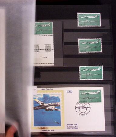 1927-2016, 2 Albums de poste aérienne, avec de bonnes valeurs en quantités multiples, obl. et neuf , n°1/2, 6c, 14, 15, PA militaire, dont lettres, partie moderne en bloc + 1 album du monde avec Colonie Françaises,