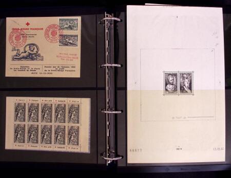 1918-1974, 2 classeurs de Croix-Rouge commençant par quelques lettres avec n°146 et 147 continuant avec les carnets mais surtout des essais de couleurs, des épreuves d'artistes en général signés, des épreuves de l