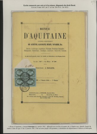 1861 Bloc de 4 du n°11 obl. T15 Condom, Gers sur la "Revue d'Aquitaine, Journal historique du Guyenne, Gascogne, Béarn, Navarre, etc.", TB (cote Yvert 2 600 €)
