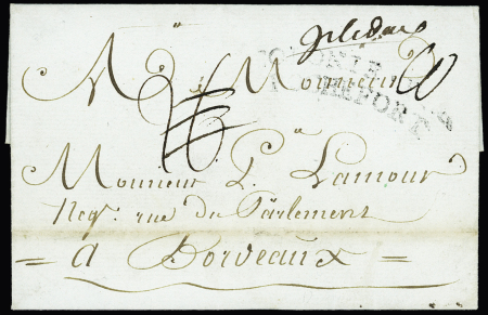 Ile d'Aix : lettre de St Pierre de la Martinique (1787) pour Bordeaux avec MP manuscrite "Isle d'Aix" + marque cintrée "Colonie par Rochefort" (L n°10), ind 28, RRR, TB