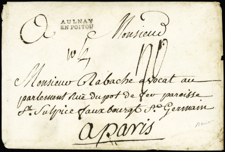 Aulnay en Poitou : enveloppe avec MP "Aulnay en Poitou" (1791), ind 25. RR et TB