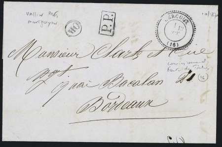 Cercoux : Guerre de 1870 - lettre avec CAD perle T24 "Cercoux (16)" + "PP" encadré noir + "OR" noir de Vallin (en numéraire faute de timbres), ind 16. TB