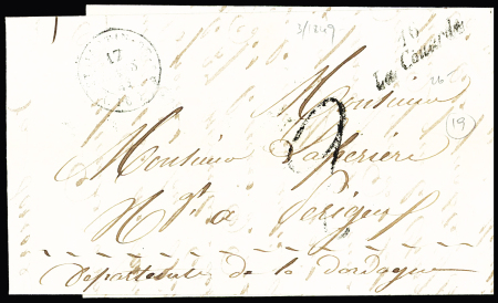 La Couarde : cursive "16 La Couarde" (1849 - 27mm) + taxe 2 tampon façon manuscrite, ind 19. TB