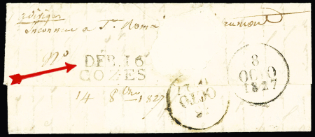MP noire (plus rare que rouge) "Deb 16 Cozes" + dateur "A" (1827), ind 21, rare et TB