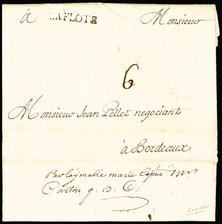 MP "La Flote" utilisée comme entrée maritime sur lettre de Saint-Pierre Martinique pour Bordeaux (1734), ind 26, RRR et TB