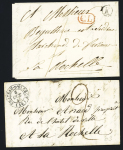 2 lettres : T14 "Château d'Oléron (16)" (1845) + taxe 2 manuscrite (ind 3) et boite rurale "K" de la Jarrie (1843) + "CL" rouge (ind 10). Les 2 TB