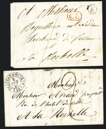 2 lettres : T14 "Château d'Oléron (16)" (1845) + taxe 2 manuscrite (ind 3) et boite rurale "K" de la Jarrie (1843) + "CL" rouge (ind 10). Les 2 TB