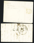 2 lettres : T14 "Château d'Oléron (16)" (1845) + taxe 2 manuscrite (ind 3) et boite rurale "K" de la Jarrie (1843) + "CL" rouge (ind 10). Les 2 TB