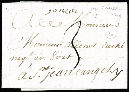 Jonzac : MP manuscrite "Jonzac" (1729), 1ère pièce vue, ind 20. TB