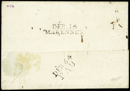"Deb 16 Marennes" + "Deb 64 Pau", double déboursé au verso d'une lettre de Magdebourg avec MP noire au recto "N°50 grande armée", certificat Chevalier. RR et TB