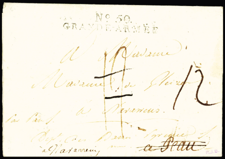 "Deb 16 Marennes" + "Deb 64 Pau", double  déboursé au verso d'une lettre de Magdebourg avec MP noire au recto "N°50 grande armée", certificat Chevalier. RR et TB