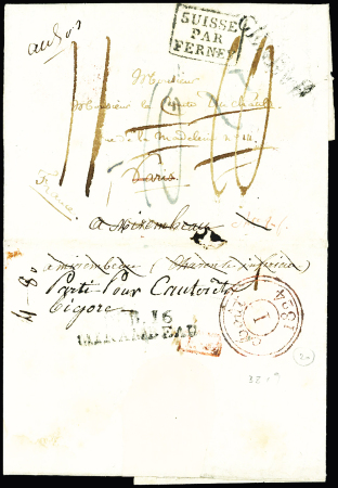 Lettre de Genève pour Paris avec MP encadrée "Suisse par Ferney (1824) réexpédiée avec au verso MP "Deb 16 Mirambeau", ind 20, RR et TB