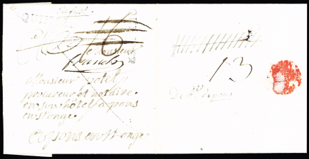 Lettre de Quimper pour Pons avec au verso petite marque "Débé de Pons", ind 20. RR et TB
