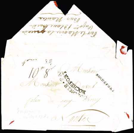 Rochefort : Pli de Saint-Domingue pour Nantes avec marques d'entrée "Rochefort" et "Colonies par Rochefort" (1781) (L n°6 et L n°10), ind 23. RRR, TB