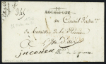 Lettre avec MP "16 Rochefort" rayée pour l'Ile d'Aix (1802) avec au verso mention manuscrite "inconnu à l'Isle d'Aix", ind 15. TB