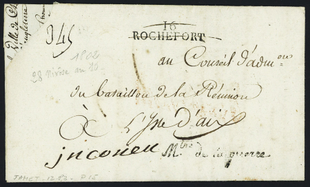 Lettre avec MP "16 Rochefort" rayée pour l'Ile d'Aix (1802) avec au verso mention manuscrite "inconnu à l'Isle d'Aix", ind 15. TB