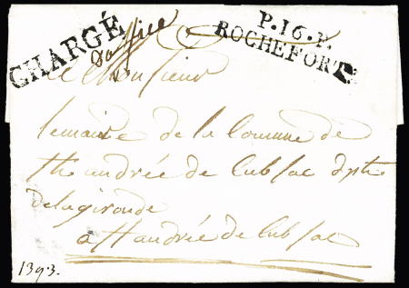 MP "P 16 P Rochefort" + griffe "chargé" + mention manuscrite- "d'office" (1807), ind 21, jolie pièce RR