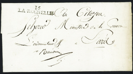 MP "La Rochelle" (type 5 - 43 x 9mm - Dubus n°15) sur lettre à en-tête "12ème division militaire" (1798), ind 13. TB
