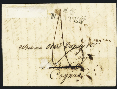 Lettres de Nantes avec au verso MP rouge "16 La Rochelle" (1823 - faible) + marque d'arrivée (Palmes), ind 21