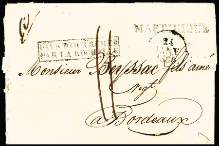 Lettre avec MP "Martinique" pour Bordeaux avec MP encadrée "Pays par La Rochelle" et dateur "A" (1839) + taxe 11 manuscrite, ind 19; TB