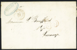 Lettre de Saint-Pierre (Terre-Neuve) pour Fécamp avec T15 rouge "Colonies fra La Rochelle" (1851) + taxe rouge 35 double-trait, ind 17, rare, B/TB