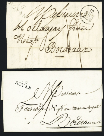 Royan : 2 lettres avec MP "16 Royan" (1814 - 20 x 8 - ind 6 et 1829 - 26 x 11 - ind 6). TB