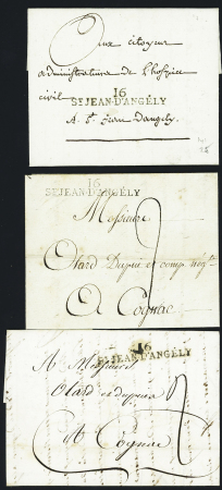 3 MP noires "16 St Jean d'Angely" (1802 - 1803 - ind