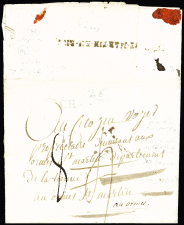 Lettre avec au recto MP bleue "26 Chambrais" mal dirigée avec au verso rare MP "Deb St Martin en Rhé" (54mm) ind 23. TB