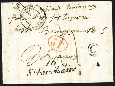 Saint-Porchaire : petite lettre avec cursive "16 St Porchaire" + T15 "Saintes" (1839) + décime rural rouge, ind 12. TB