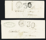 2 lettres avec T15 (1866) et T16 (1870) "St Porchaire (16)" + taxe 30 double-trait. TB