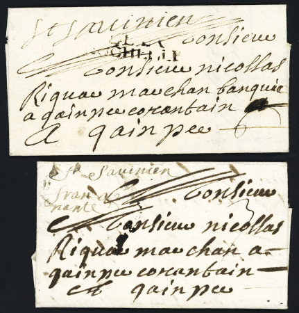 Saint Savinien : 2 plis avec marque manuscrite "St Savinien" (1699 et 1701 - L n°1) dont l'un avec MP "De La Rochelle" (L n°2), ensemble RRR et TB, ind 25 et ind 26