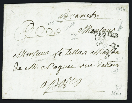 MP "Saintes" (1786 - 22 mm) + "affranchi" manuscrit + "P.P. surmonté d'une fleur de lys sur lettre pour Paris (1786 L N°4 - Dubus N°5) - Certificat Pothion, ind 21. TB