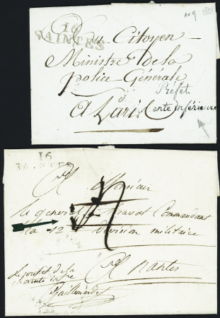 2 lettres avec MP "16 Saintes" (1801 et 1806) + Franchise " Préfet Charente Inférieure" (1 manuscrite et 1 tampon), ind 6 et ind 12. TB