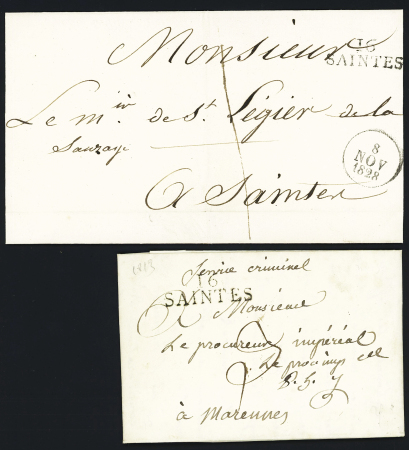 2 MP "16 Saintes" (1813 - 35 x 11, ind 6 - 1828 - 31 x 11, ind 5). TB