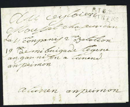 Lettre pour un militaire en Italie avec MP "P 16 P Saintes" (1801 - 25 x 9 - Dubus N°17), ind 13. TB
