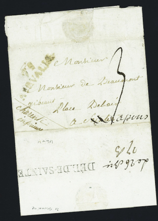 Lettre avec MP "79 Airvault" pour Saintes réexpédiée à Pons avec verso MP "Déb de Sainte(s)" (1802), ind 24. RR et TB