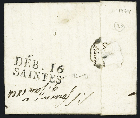 MP "Déb 16 Saintes" (1824 - 26 x 10), ind 20, jolie pièce rare