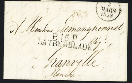 MP "P 16P La Tremblade" (52 x 12) + dateur A (1828) sur lettre pour Granville, ind 15. TB