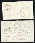 FONTGOMBAULT : 2 lettres sans timbres : lettre militaire avec T24 "Fontgombault (35)" + "PP" encadré noir et mention manuscrite "garde nationale mobilisée" et lettre civile sans timbres avec T22 Fontgombault (1868) + t