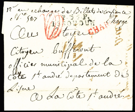 MP "P 35 P Issoudun" noire + griffe rouge "chargé" et paraphe rouge au tampon (échange de billets de confiance), ind 19. TB