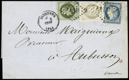 N° 25 + 41, 4c Bordeaux gris + n°37 OBL GC 1847 + T16 Issoudun (6 sept 71) sur lettre, ind 21. TB