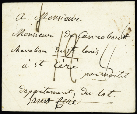 MP rouge "Deb 35 Levroux" (33 x 9mm) + mention manuscrite "BP Saint Céré", ind 23, (SD), rare te TB