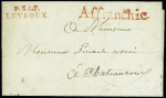 Lettre avec MP rouge "P 35 P Levroux" (32 x 9mm) et grande MP rouge "Affranchie" (SD), ind 19. TB