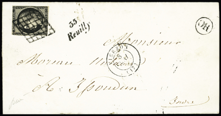 REUILLY : N°3 OBL grille + cursive "35 Reuilly" + T15 Vierzon (1850) + "OR" sur lettre, ind 21. TB