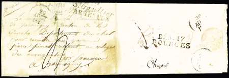 Lettre avec double cursive "35 St Gaultier Argenton" et au verso MP "Deb 17 Bourges", ind 21 et ind 19. TB