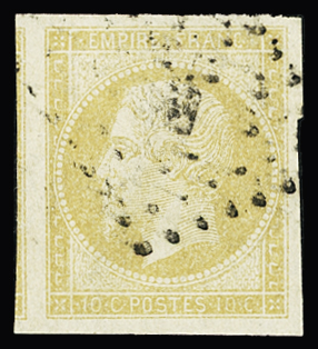 N°13, 10c citron Napoléon III, obl.grille, TB