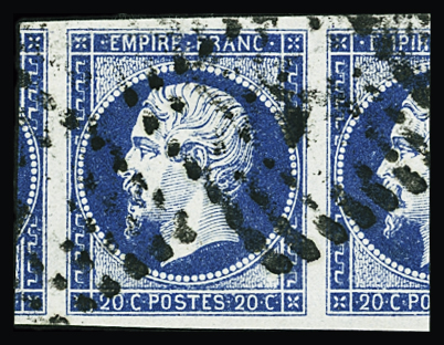 N°14A, 20c bleu Napoléon III, voisin à droite et à gauche, obl. losange, TTB