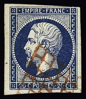 N°14A, 20c bleu Napoléon III, obl. grille rouge, TB